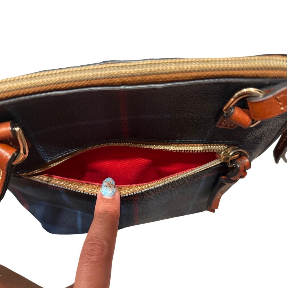 Dooney & Bourke Navy Blue Red‎ Plaid Coated Canvas Crossbody Bag Leather Trim - Picture 11 of 16